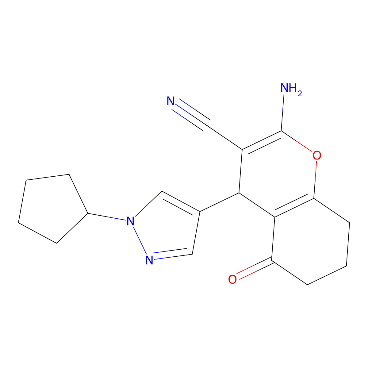 2-Amino-4-(1-cyclopentyl-1H-pyrazol-4-YL)-5-oxo-5,6,7,8-tetrahydro-4H-chromen-3-YL cyanide molecular structure, CAS 1855889-92-7