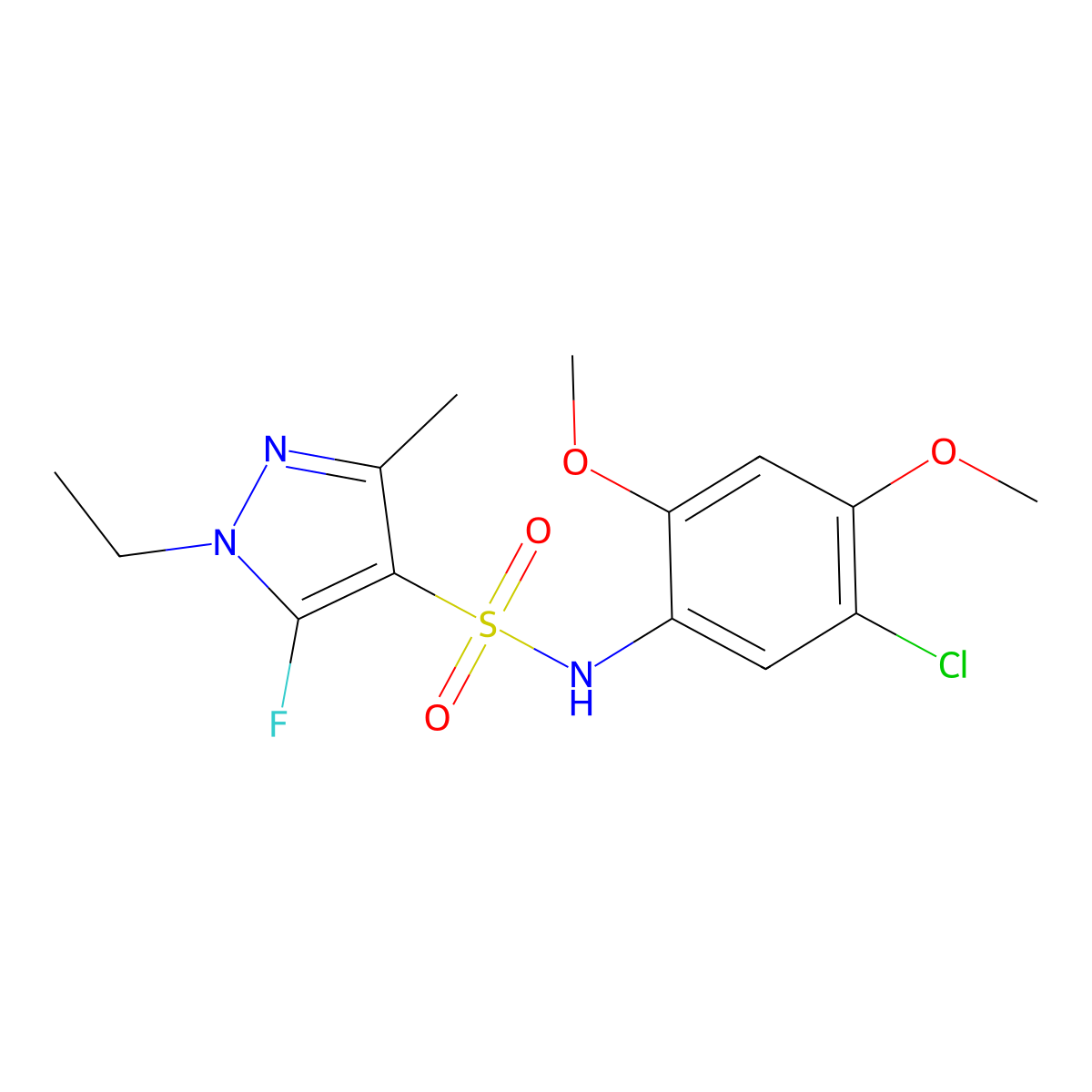 N-(5-chloro-2,4-dimethoxyphenyl)-1-ethyl-5-fluoro-3-methyl-1H-pyrazole-4-sulfonamide molecular structure, CAS 1855890-01-5