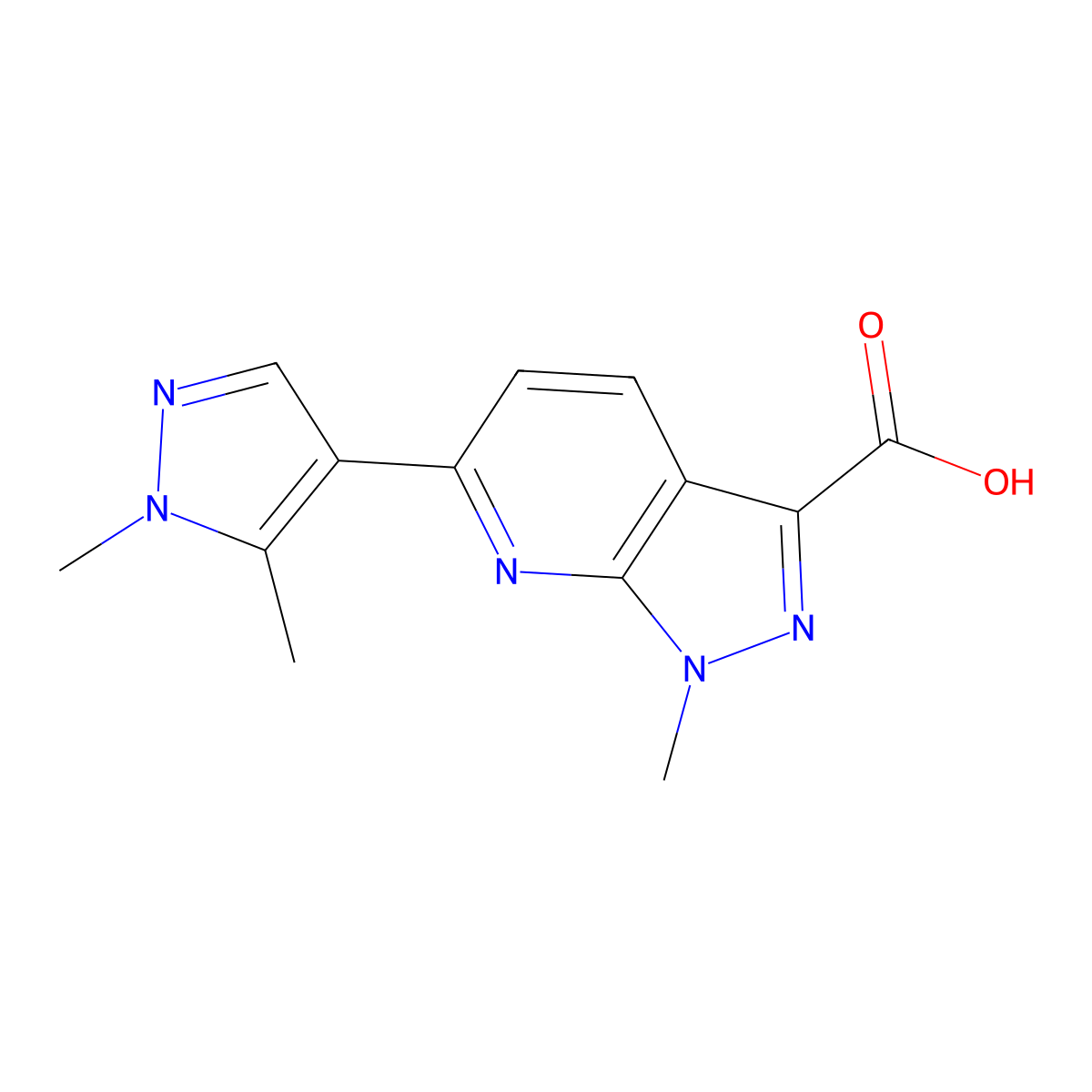 6-(1,5-dimethyl-1H-pyrazol-4-yl)-1-methyl-1H-pyrazolo[3,4-b]pyridine-3-carboxylic acid molecular structure, CAS 1855890-07-1