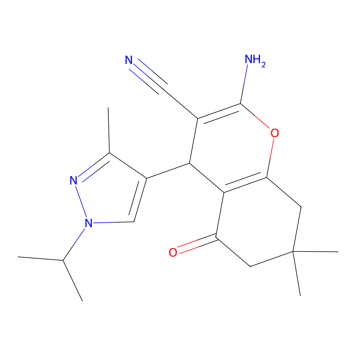 2-Amino-4-(1-isopropyl-3-methyl-1H-pyrazol-4-yl)-7,7-dimethyl-5-oxo-5,6,7,8-tetrahydro-4H-chromene-3-carbonitrile molecular structure, CAS 1855890-09-3