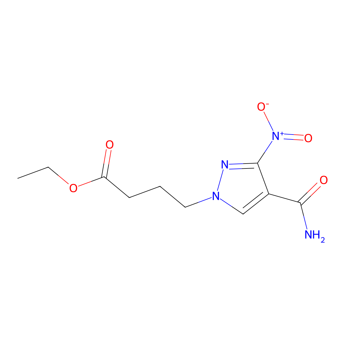 Ethyl 4-(4-carbamoyl-3-nitro-1H-pyrazol-1-yl)butanoate molecular structure, CAS 1855890-12-8