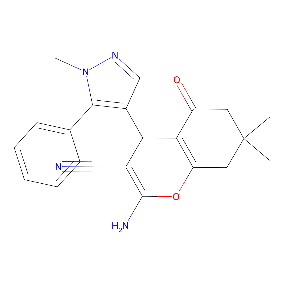 2-Amino-7,7-dimethyl-4-(1-methyl-5-phenyl-1H-pyrazol-4-YL)-5-oxo-5,6,7,8-tetrahydro-4H-chromen-3-YL cyanide molecular structure, CAS 1855890-16-2