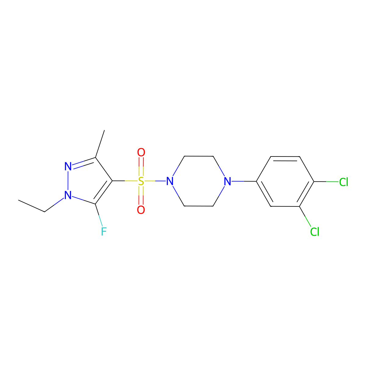1-(3,4-Dichlorophenyl)-4-((1-ethyl-5-fluoro-3-methyl-1H-pyrazol-4-yl)sulfonyl)piperazine molecular structure, CAS 1855890-22-0