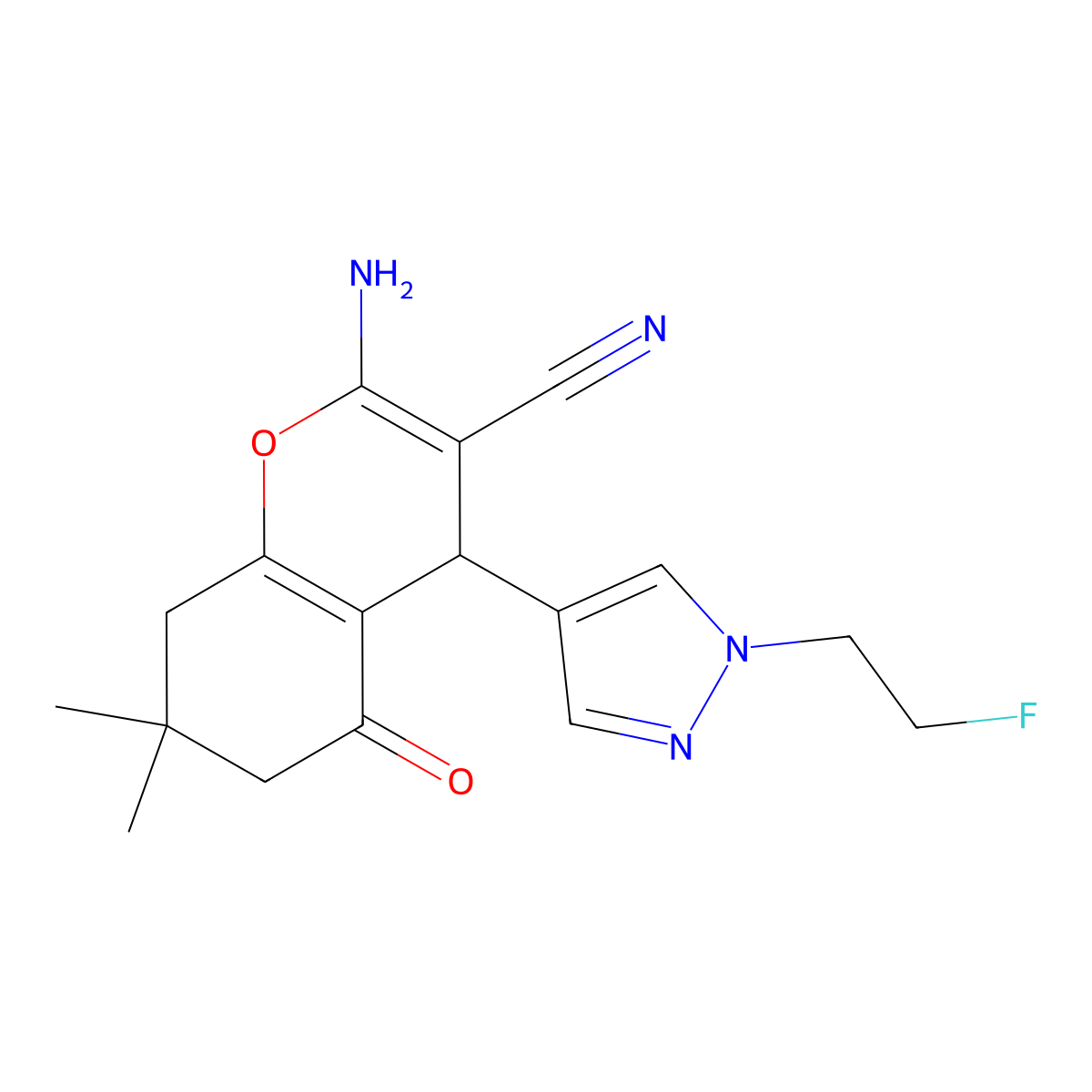 2-Amino-4-(1-(2-fluoroethyl)-1H-pyrazol-4-yl)-7,7-dimethyl-5-oxo-5,6,7,8-tetrahydro-4H-chromene-3-carbonitrile molecular structure, CAS 1855890-23-1