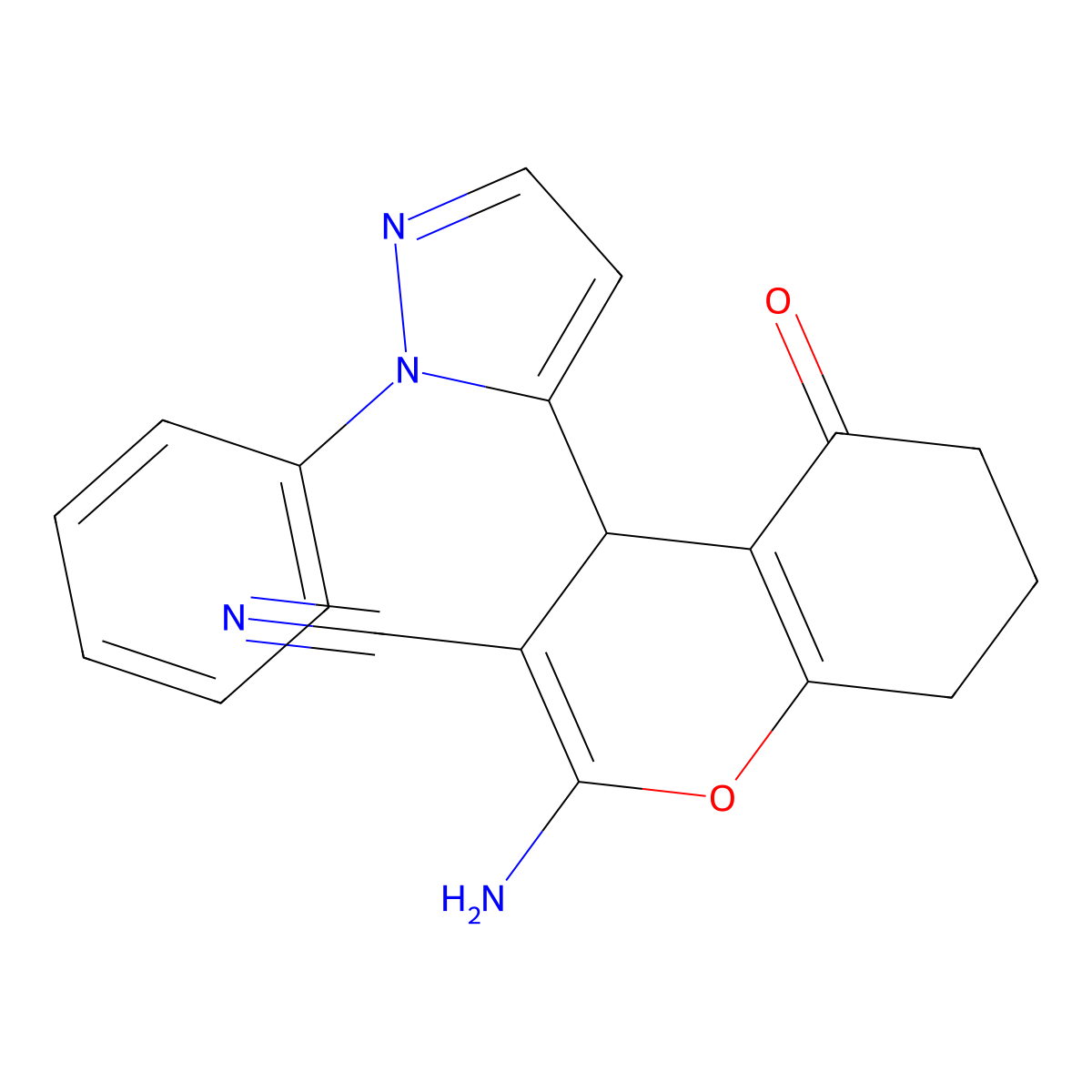 2-Amino-5-oxo-4-(2-phenylpyrazol-3-YL)-4,6,7,8-tetrahydrochromene-3-carbonitrile molecular structure, CAS 1855890-26-4