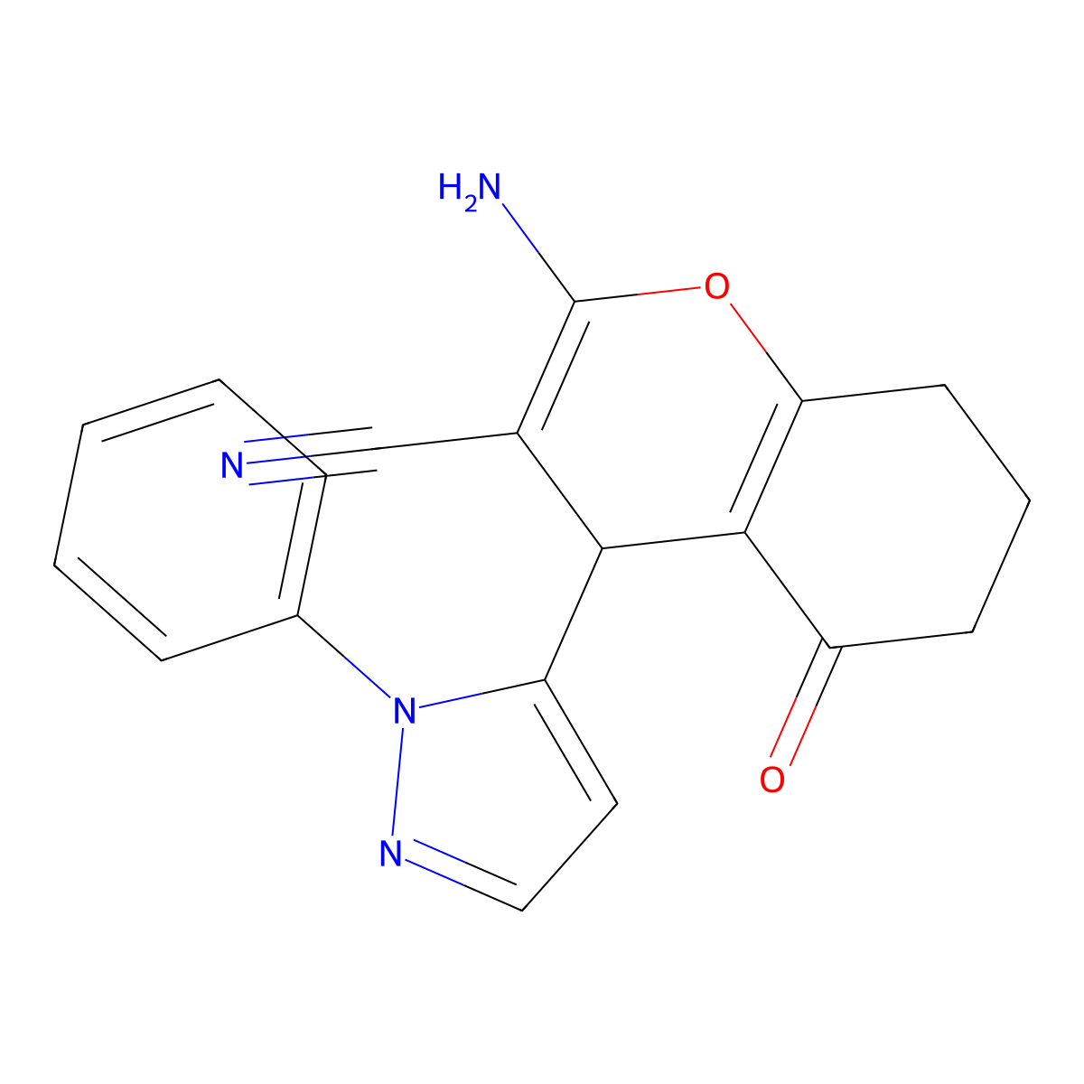 2-Amino-5-oxo-4-(2-phenylpyrazol-3-YL)-4,6,7,8-tetrahydrochromene-3-carbonitrile molecular structure, CAS 1855890-26-4