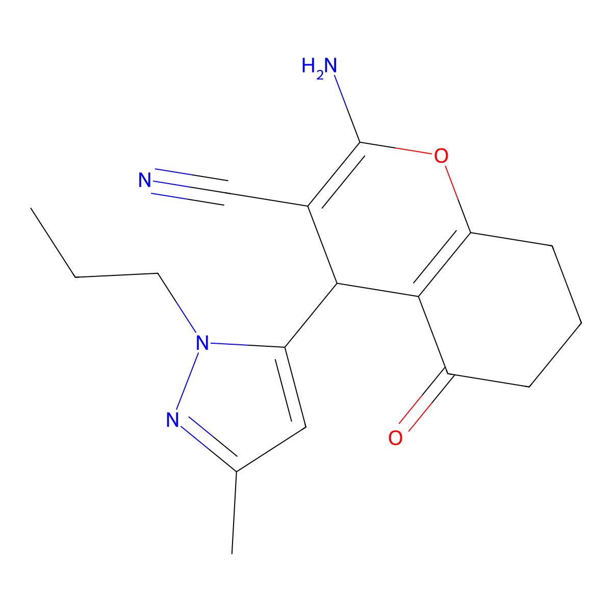 2-Amino-4-(3-methyl-1-propyl-1H-pyrazol-5-YL)-5-oxo-5,6,7,8-tetrahydro-4H-chromen-3-YL cyanide molecular structure, CAS 1855890-30-0