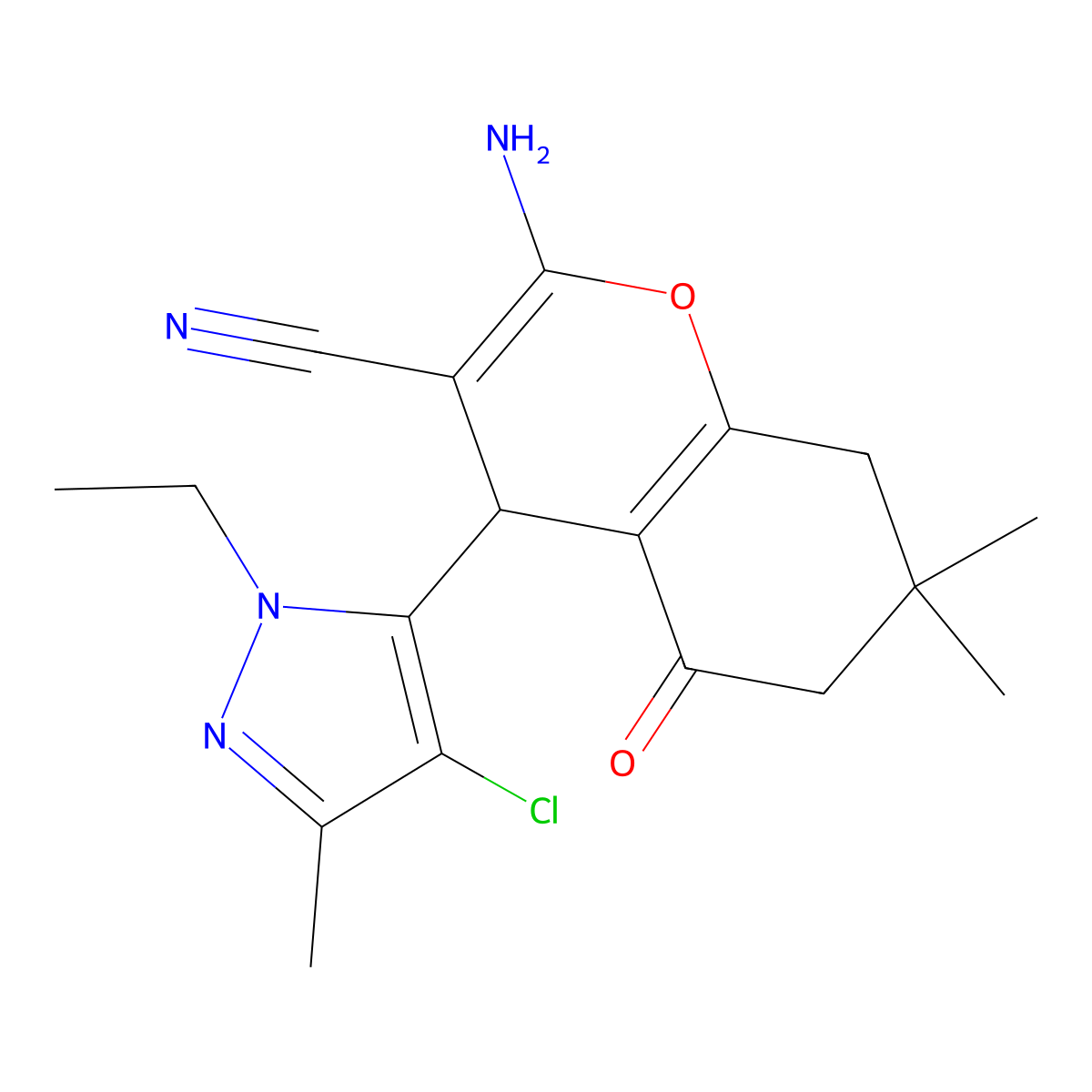 2-Amino-4-(4-chloro-1-ethyl-3-methyl-1H-pyrazol-5-yl)-7,7-dimethyl-5-oxo-5,6,7,8-tetrahydro-4H-chromene-3-carbonitrile molecular structure, CAS 1855890-35-5