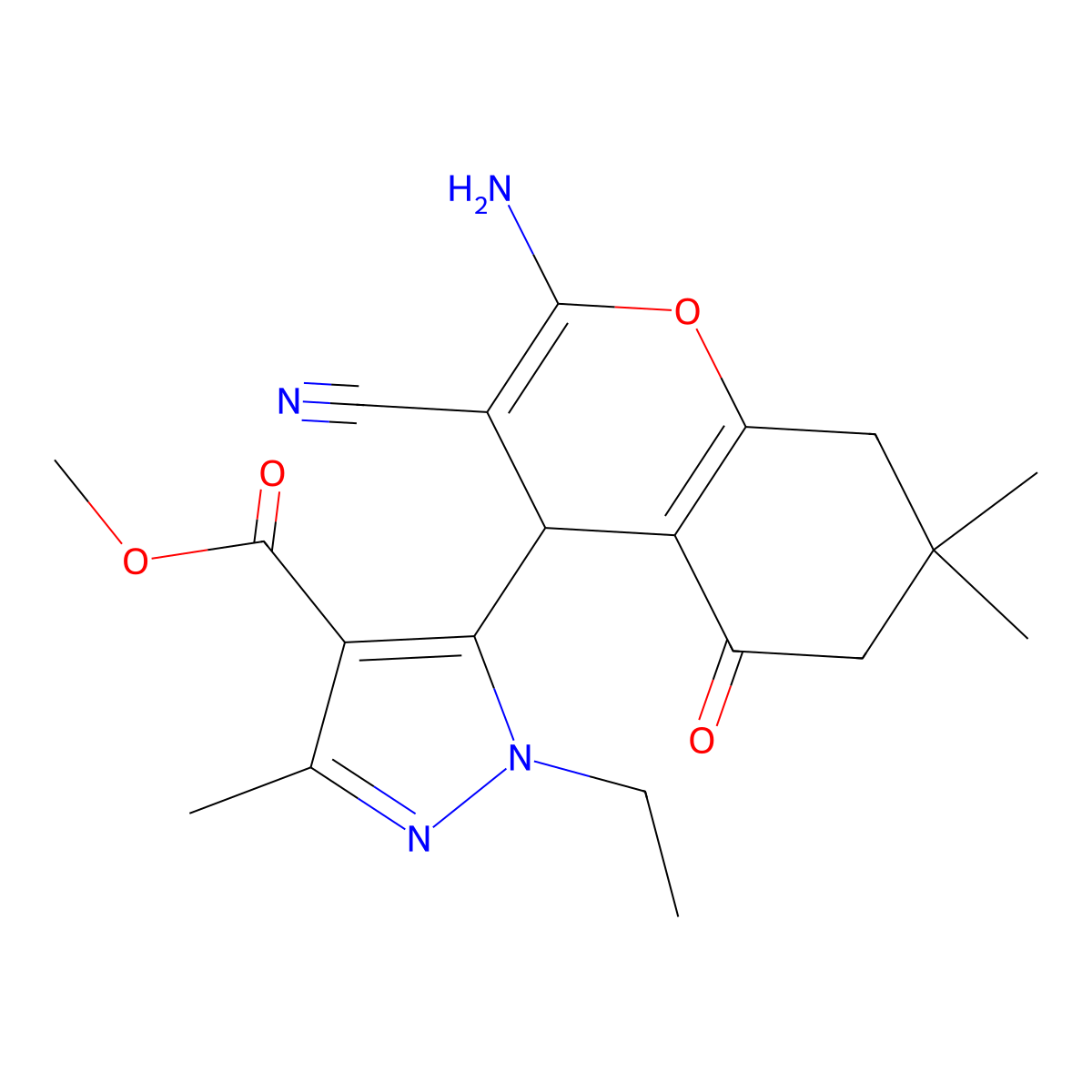 Methyl 5-(2-amino-3-cyano-7,7-dimethyl-5-oxo-6,8-dihydro-4H-chromen-4-YL)-1-ethyl-3-methylpyrazole-4-carboxylate molecular structure, CAS 1855890-40-2