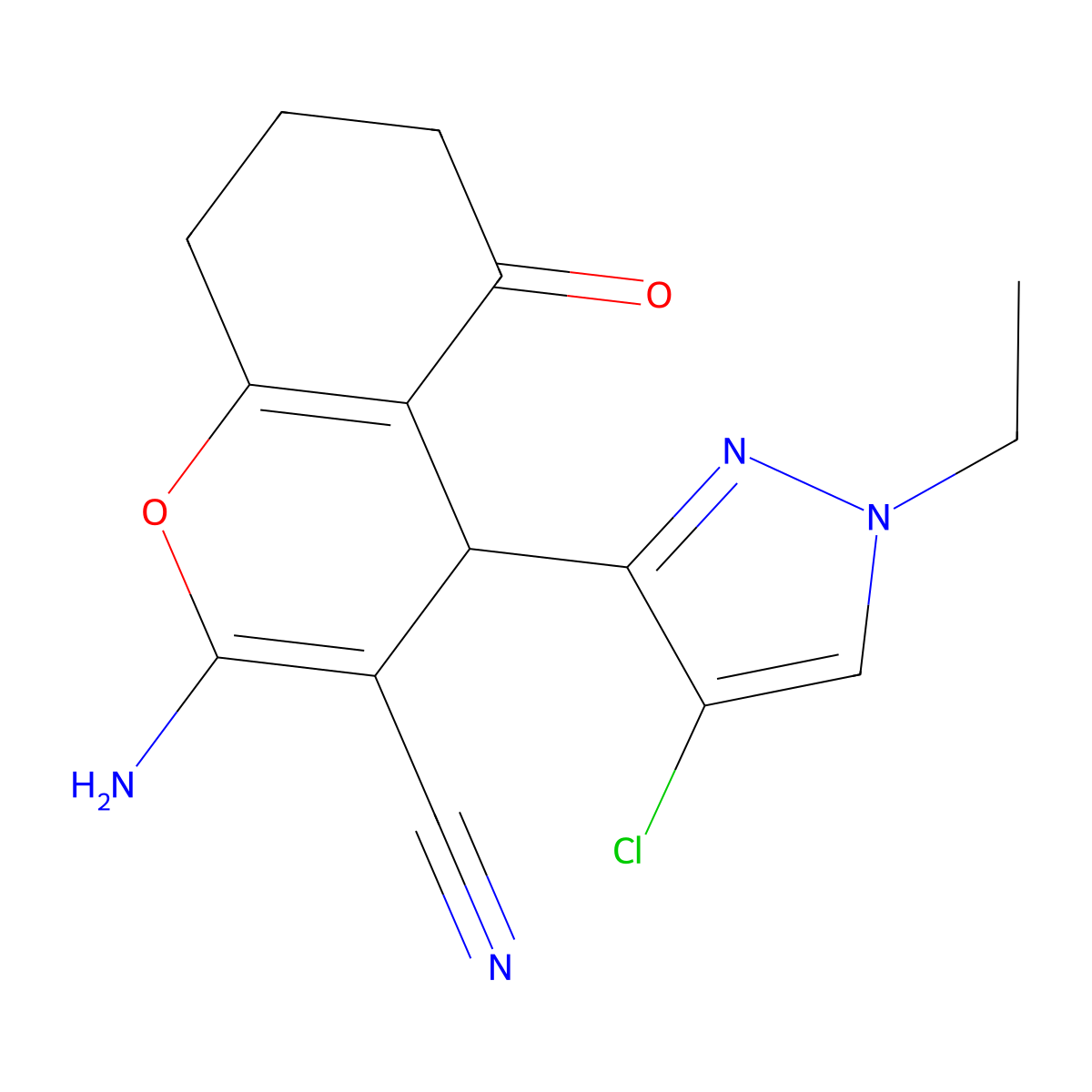 2-Amino-4-(4-chloro-1-ethyl-1H-pyrazol-3-YL)-5-oxo-5,6,7,8-tetrahydro-4H-chromen-3-YL cyanide molecular structure, CAS 1855890-51-5