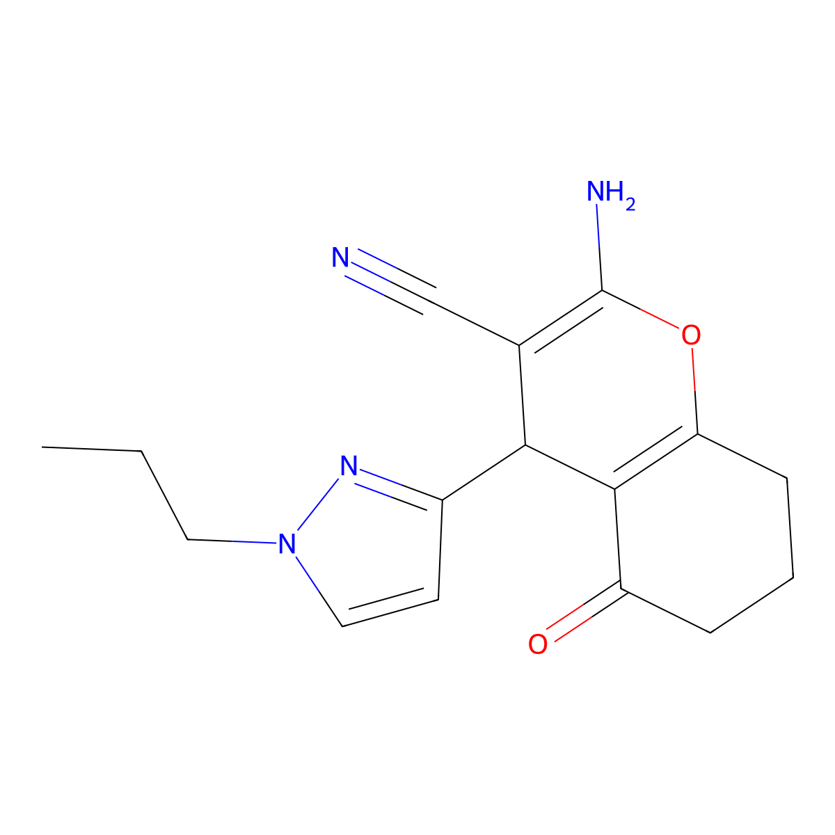 2-amino-5-oxo-4-(1-propyl-1H-pyrazol-3-yl)-5,6,7,8-tetrahydro-4H-chromene-3-carbonitrile molecular structure, CAS 1855890-52-6