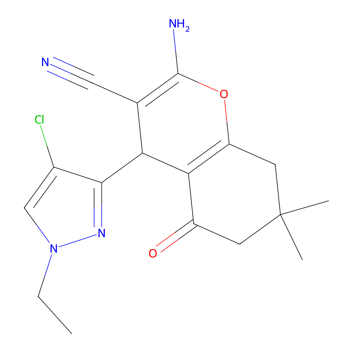2-Amino-4-(4-chloro-1-ethyl-1H-pyrazol-3-YL)-7,7-dimethyl-5-oxo-5,6,7,8-tetrahydro-4H-chromen-3-YL cyanide molecular structure, CAS 1855890-53-7