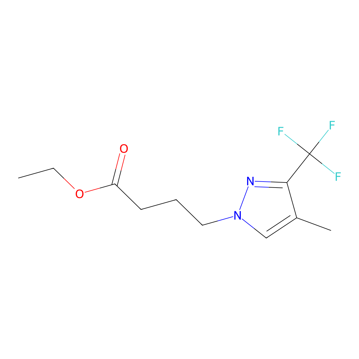 Ethyl 4-[4-methyl-3-(trifluoromethyl)-1H-pyrazol-1-yl]butanoate molecular structure, CAS 1855890-56-0