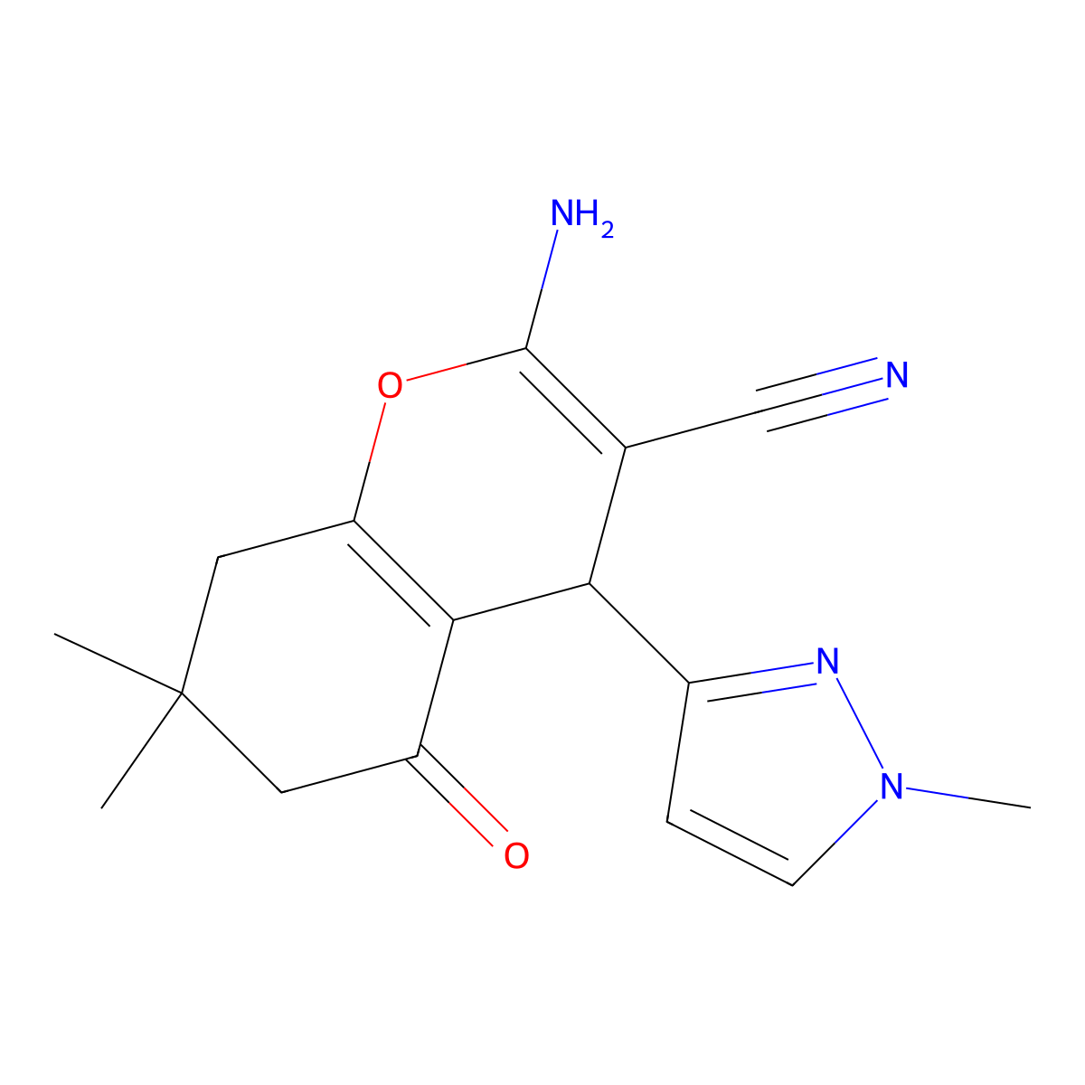 2-amino-7,7-dimethyl-4-(1-methyl-1H-pyrazol-3-yl)-5-oxo-5,6,7,8-tetrahydro-4H-chromene-3-carbonitrile molecular structure, CAS 1855890-58-2