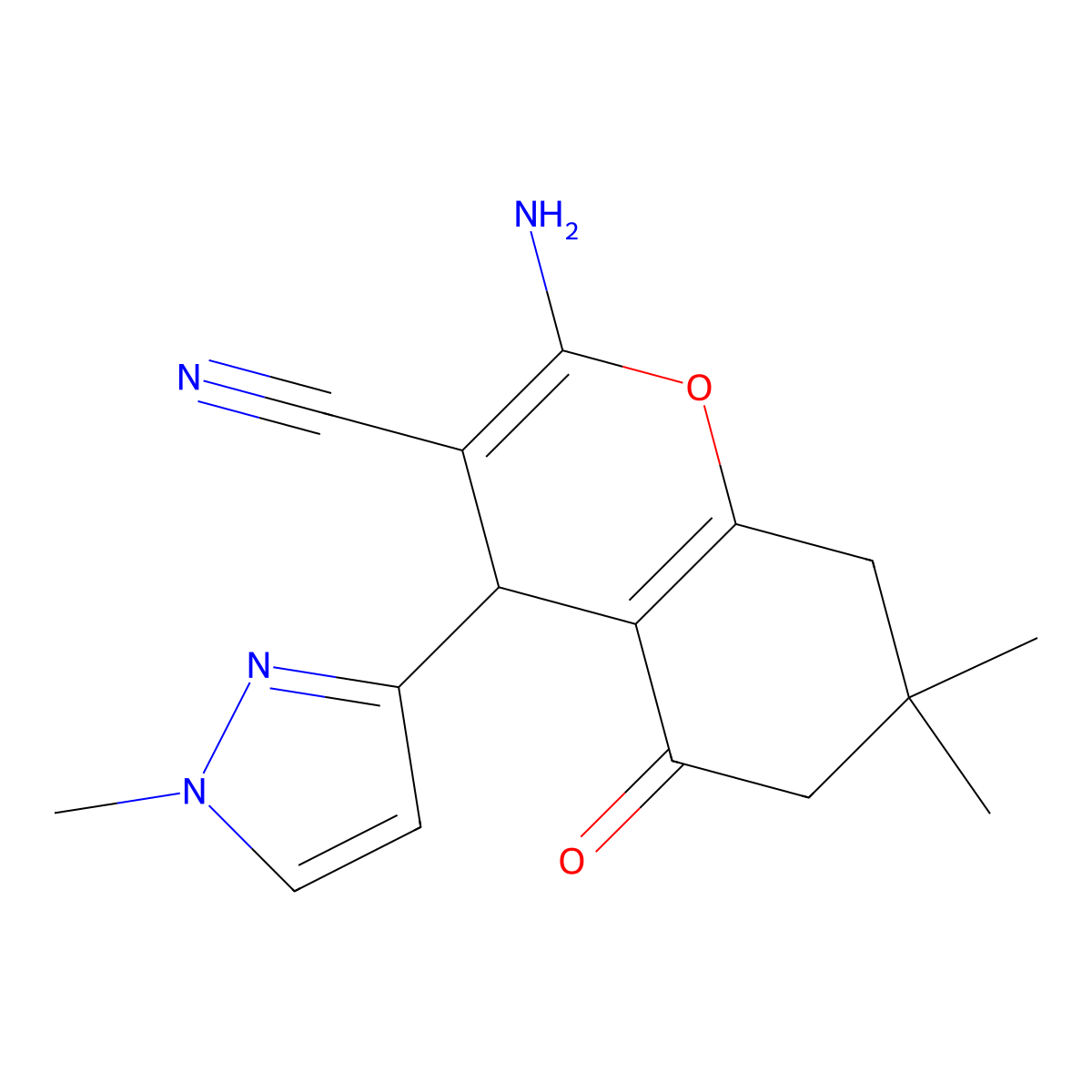2-amino-7,7-dimethyl-4-(1-methyl-1H-pyrazol-3-yl)-5-oxo-5,6,7,8-tetrahydro-4H-chromene-3-carbonitrile molecular structure, CAS 1855890-58-2