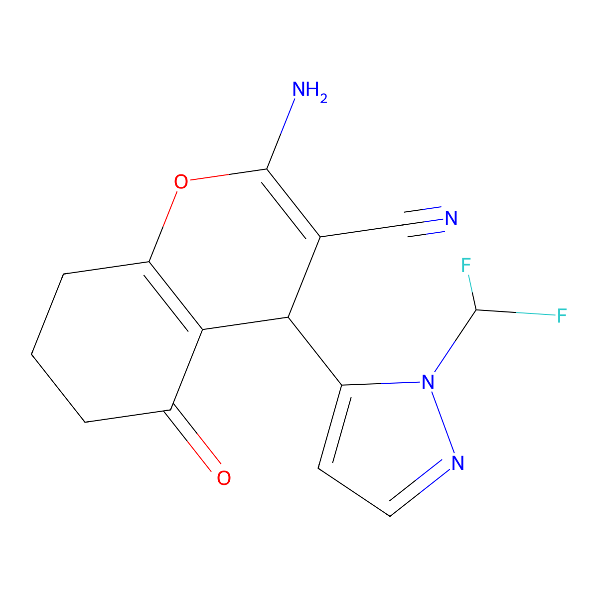 2-Amino-4-(1-(difluoromethyl)-1H-pyrazol-5-yl)-5-oxo-5,6,7,8-tetrahydro-4H-chromene-3-carbonitrile molecular structure, CAS 1855890-64-0