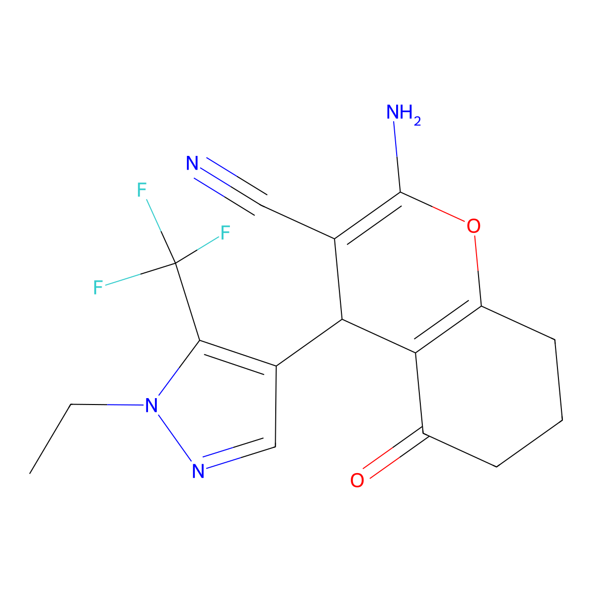 2-Amino-4-(1-ethyl-5-(trifluoromethyl)-1H-pyrazol-4-yl)-5-oxo-5,6,7,8-tetrahydro-4H-chromene-3-carbonitrile molecular structure, CAS 1855890-66-2