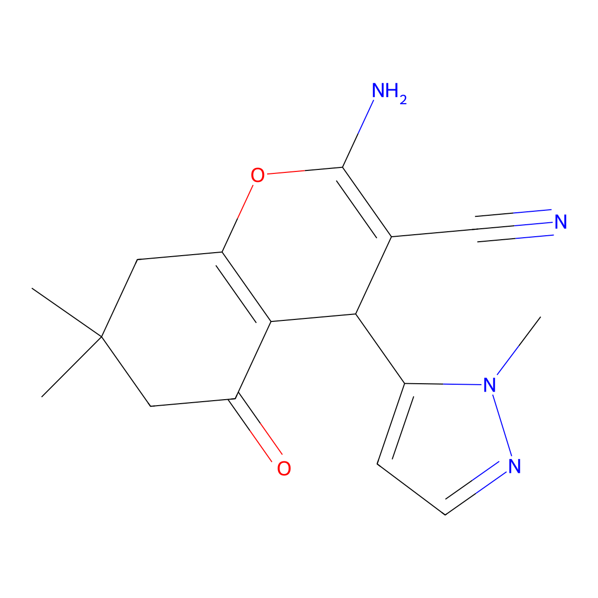 2-amino-7,7-dimethyl-4-(1-methyl-1H-pyrazol-5-yl)-5-oxo-5,6,7,8-tetrahydro-4H-chromene-3-carbonitrile molecular structure, CAS 1855890-67-3