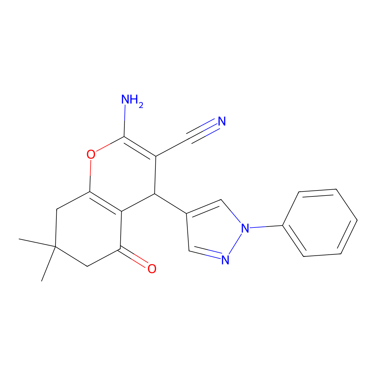 2-Amino-7,7-dimethyl-5-oxo-4-(1-phenyl-1H-pyrazol-4-yl)-5,6,7,8-tetrahydro-4H-chromene-3-carbonitrile molecular structure, CAS 1855890-70-8