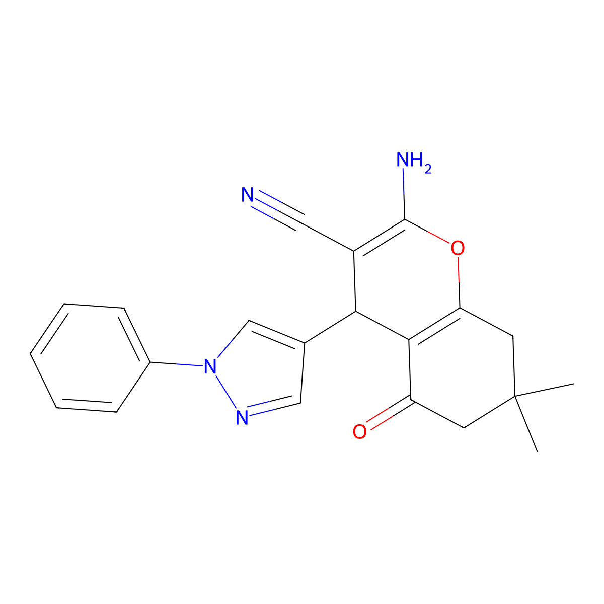 2-Amino-7,7-dimethyl-5-oxo-4-(1-phenyl-1H-pyrazol-4-yl)-5,6,7,8-tetrahydro-4H-chromene-3-carbonitrile molecular structure, CAS 1855890-70-8