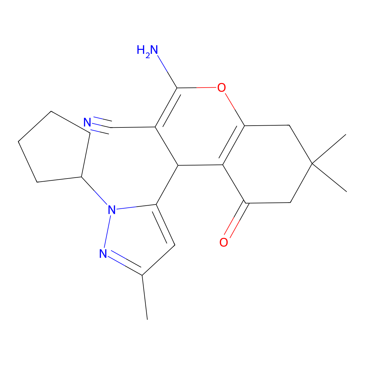 2-Amino-4-(1-cyclopentyl-3-methyl-1H-pyrazol-5-yl)-7,7-dimethyl-5-oxo-5,6,7,8-tetrahydro-4H-chromene-3-carbonitrile molecular structure, CAS 1855890-72-0