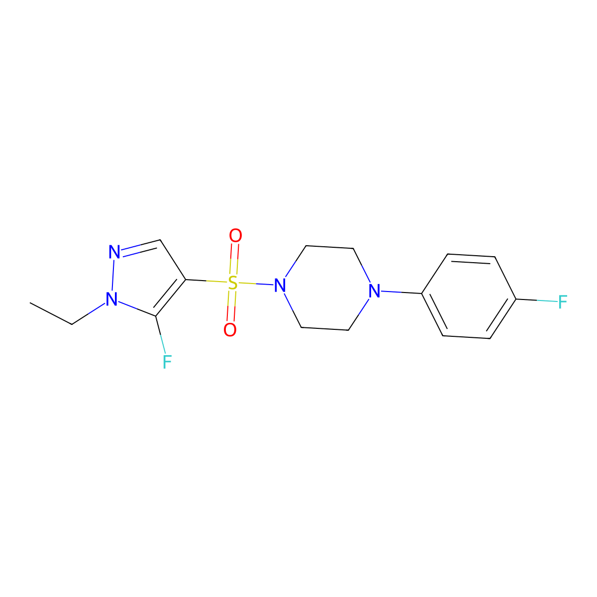 1-((1-Ethyl-5-fluoro-1H-pyrazol-4-yl)sulfonyl)-4-(4-fluorophenyl)piperazine molecular structure, CAS 1855890-73-1
