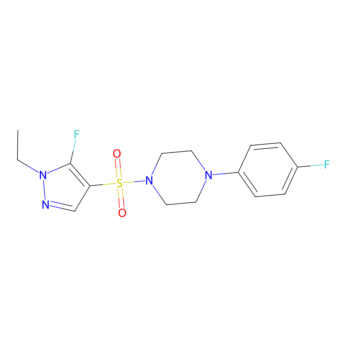 1-((1-Ethyl-5-fluoro-1H-pyrazol-4-yl)sulfonyl)-4-(4-fluorophenyl)piperazine molecular structure, CAS 1855890-73-1