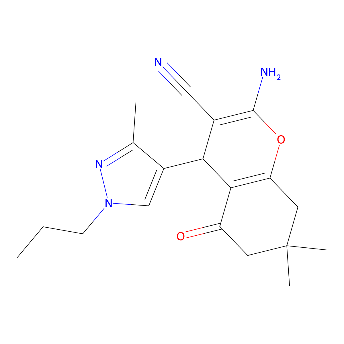 2-Amino-7,7-dimethyl-4-(3-methyl-1-propyl-1H-pyrazol-4-YL)-5-oxo-5,6,7,8-tetrahydro-4H-chromen-3-YL cyanide molecular structure, CAS 1855890-74-2