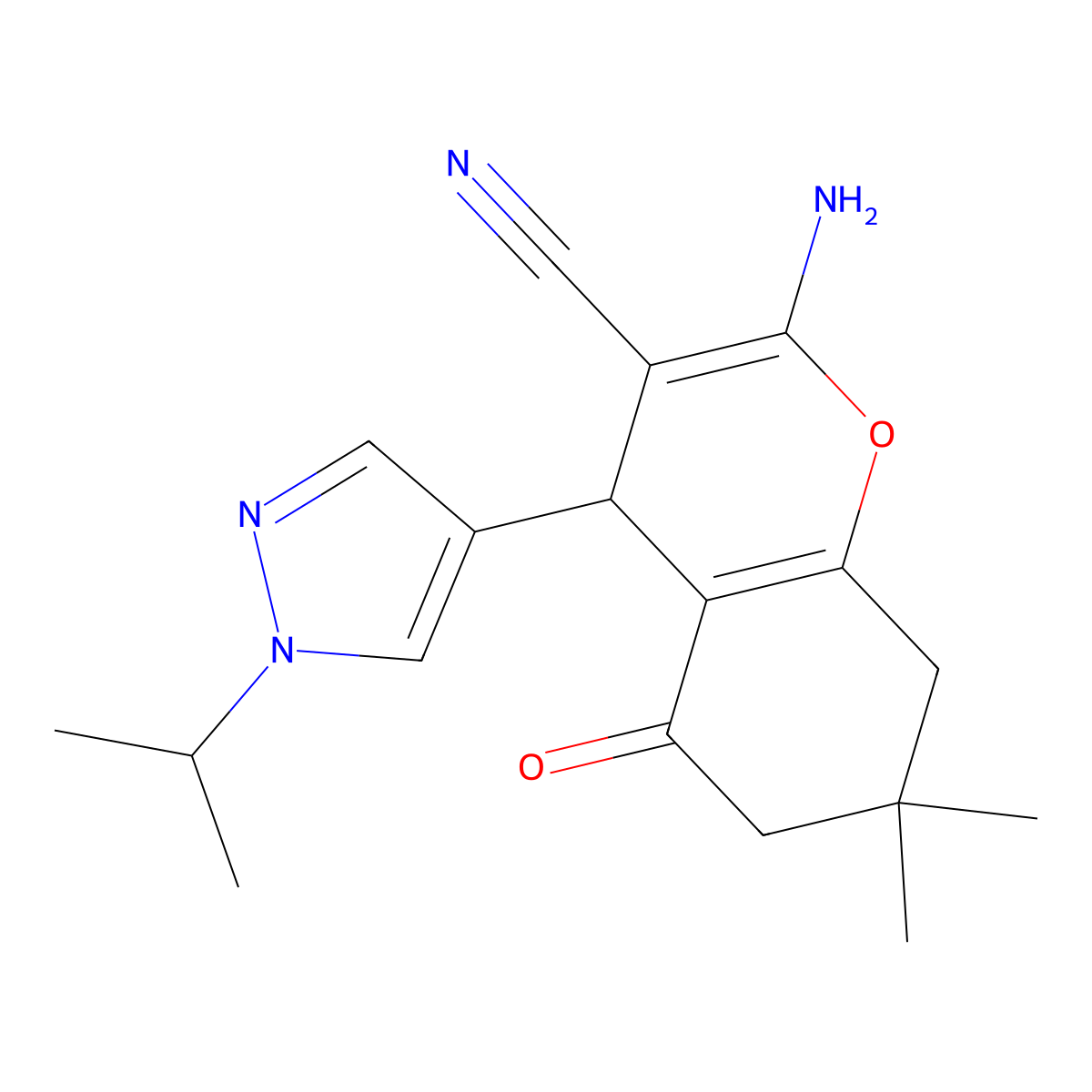 2-Amino-4-(1-isopropyl-1H-pyrazol-4-YL)-7,7-dimethyl-5-oxo-5,6,7,8-tetrahydro-4H-chromen-3-YL cyanide molecular structure, CAS 1855890-76-4