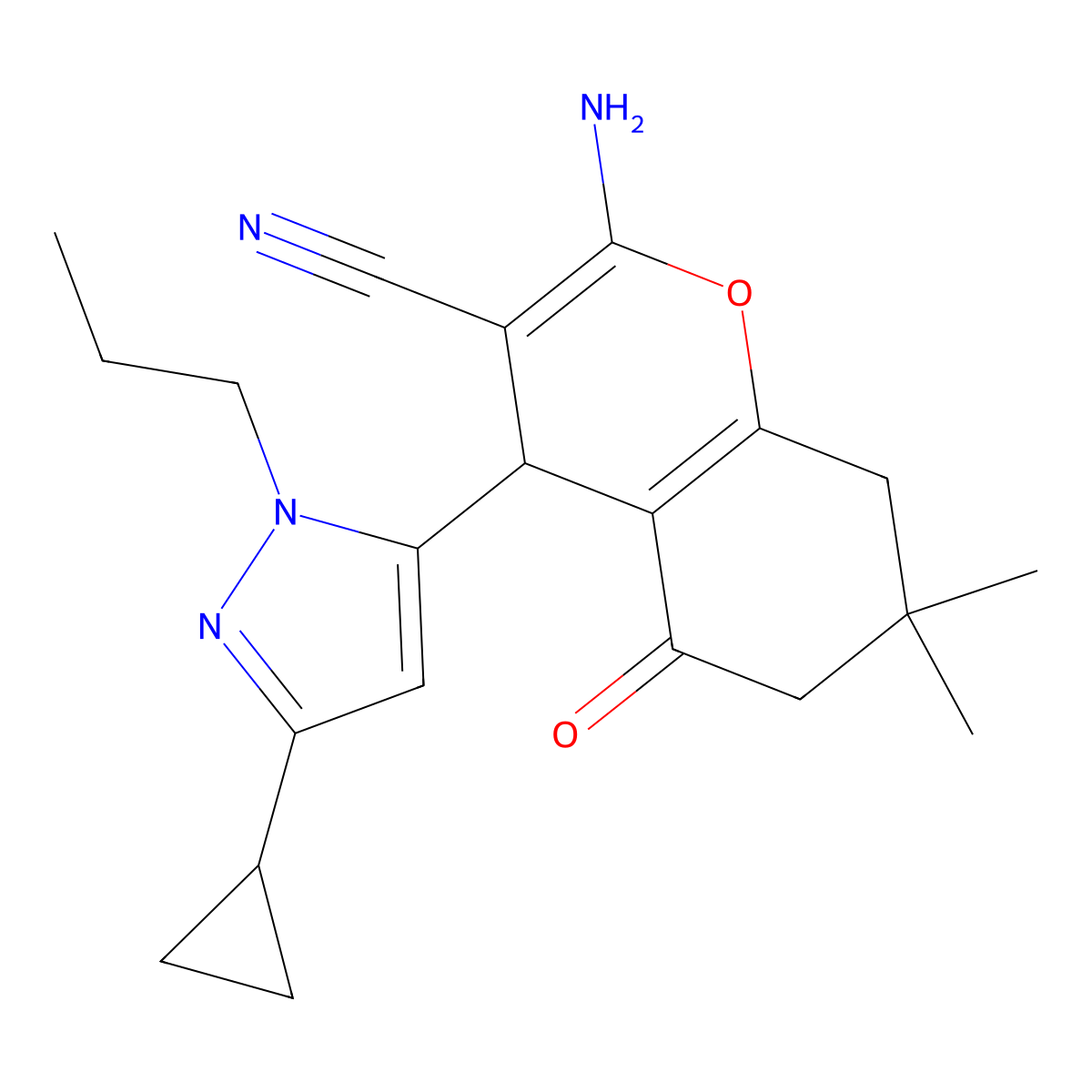 2-Amino-4-(3-cyclopropyl-1-propyl-1H-pyrazol-5-yl)-7,7-dimethyl-5-oxo-5,6,7,8-tetrahydro-4H-chromene-3-carbonitrile molecular structure, CAS 1855890-78-6