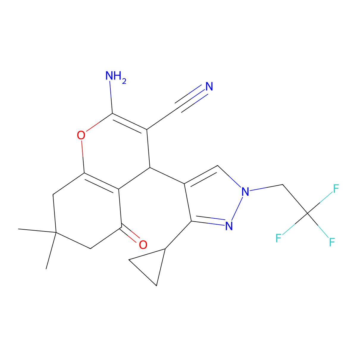 2-Amino-4-(3-cyclopropyl-1-(2,2,2-trifluoroethyl)-1H-pyrazol-4-yl)-7,7-dimethyl-5-oxo-5,6,7,8-tetrahydro-4H-chromene-3-carbonitrile molecular structure, CAS 1855890-79-7