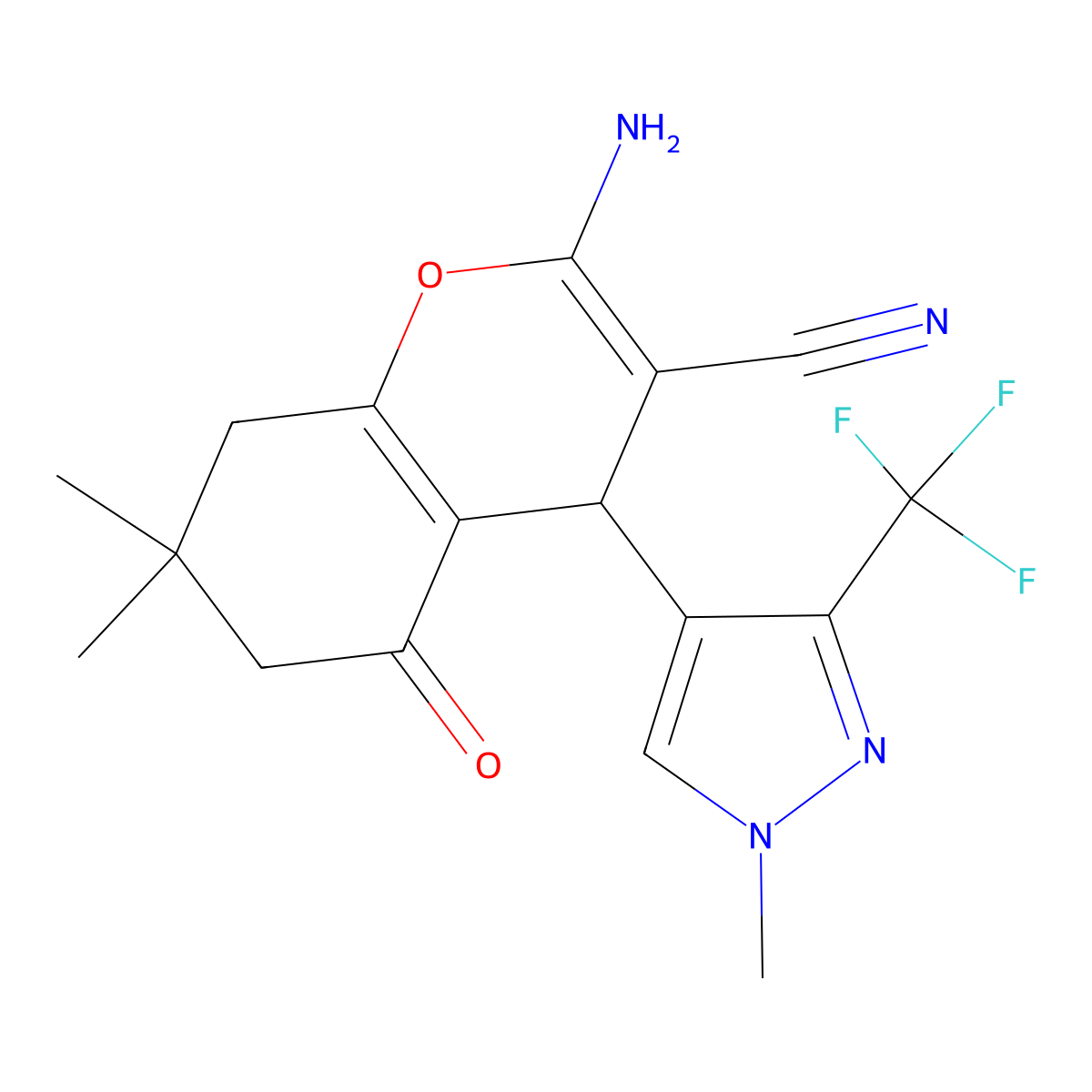 2-Amino-7,7-dimethyl-4-(1-methyl-3-(trifluoromethyl)-1H-pyrazol-4-yl)-5-oxo-5,6,7,8-tetrahydro-4H-chromene-3-carbonitrile molecular structure, CAS 1855890-85-5