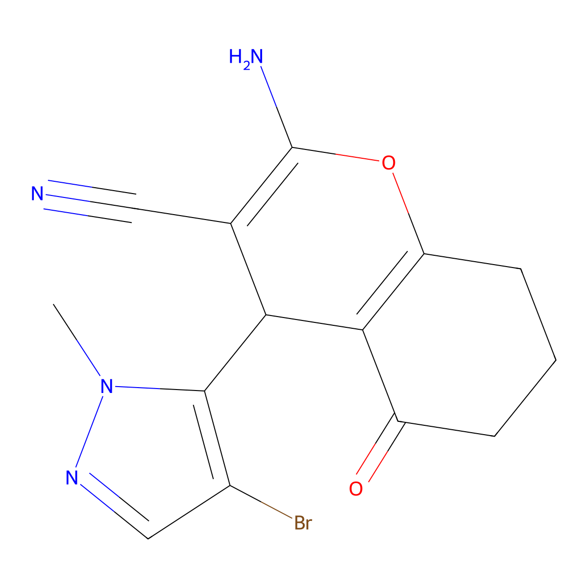 2-Amino-4-(4-bromo-1-methyl-1H-pyrazol-5-YL)-5-oxo-5,6,7,8-tetrahydro-4H-chromen-3-YL cyanide molecular structure, CAS 1855890-91-3