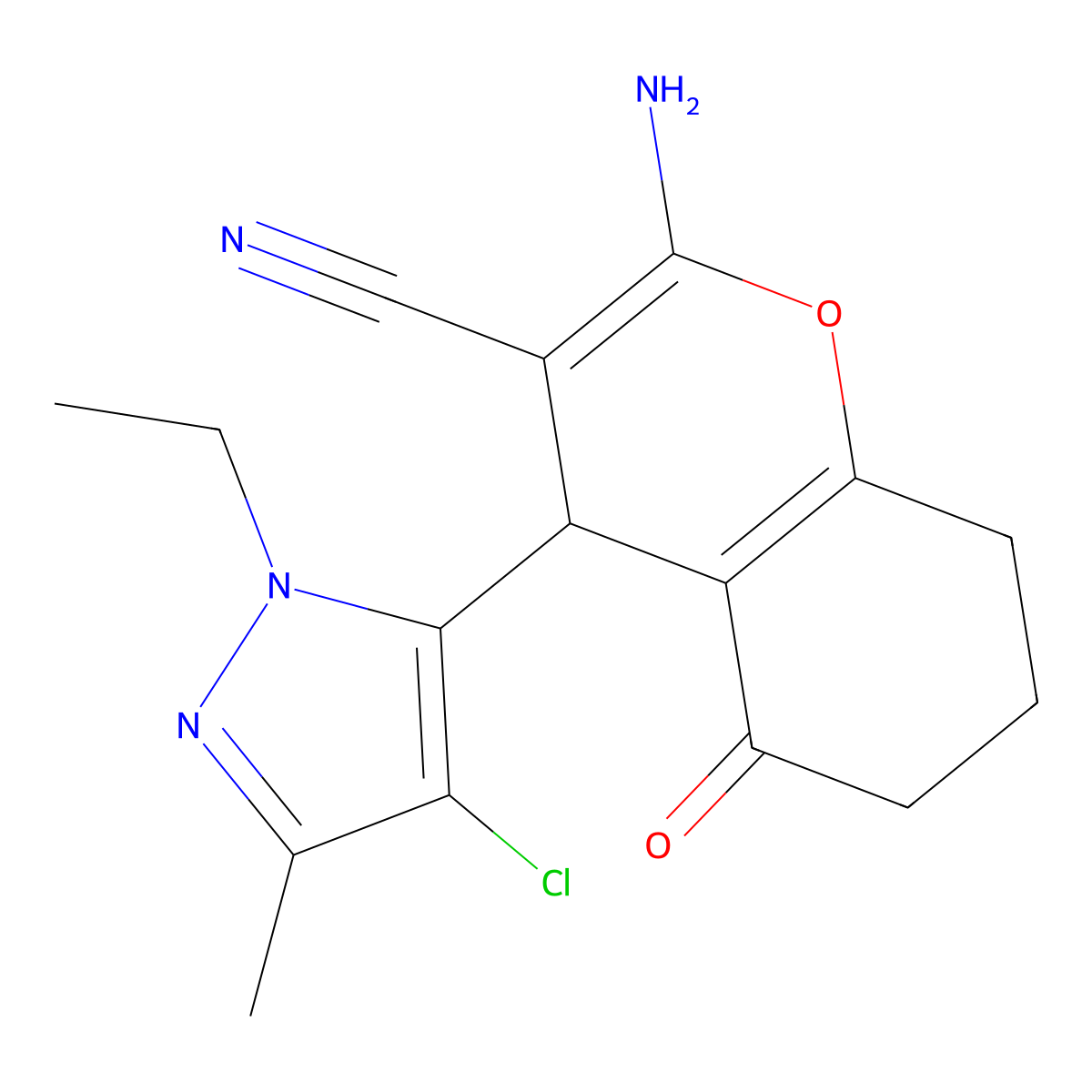 2-Amino-4-(4-chloro-1-ethyl-3-methyl-1H-pyrazol-5-YL)-5-oxo-5,6,7,8-tetrahydro-4H-chromen-3-YL cyanide molecular structure, CAS 1855890-93-5