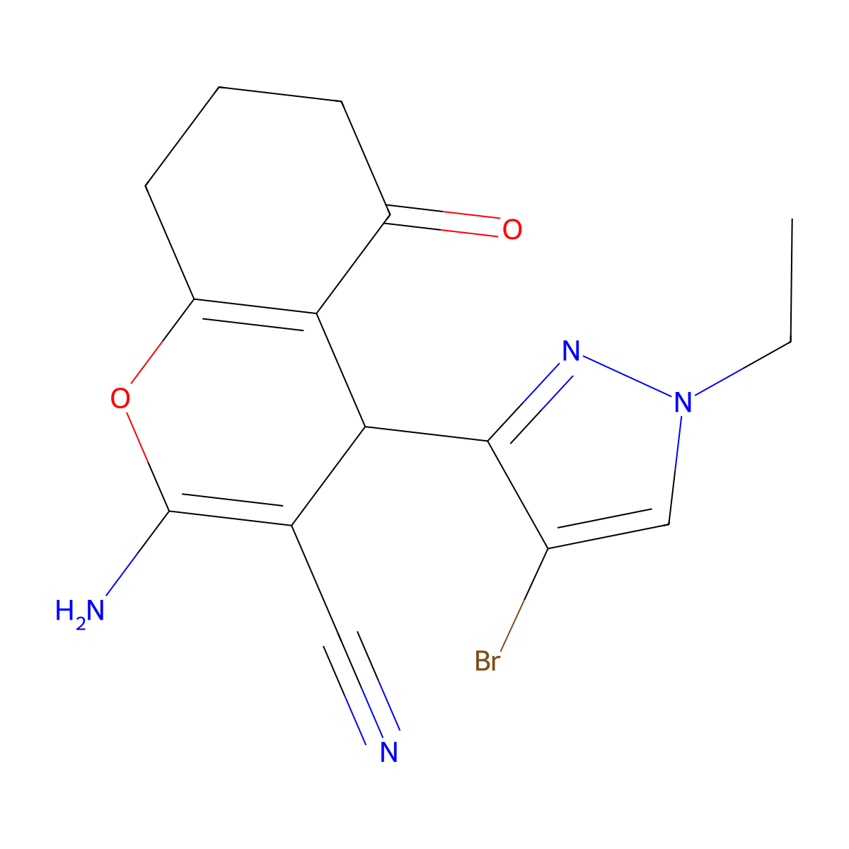 2-Amino-4-(4-bromo-1-ethyl-1H-pyrazol-3-yl)-5-oxo-5,6,7,8-tetrahydro-4H-chromene-3-carbonitrile molecular structure, CAS 1855891-07-4