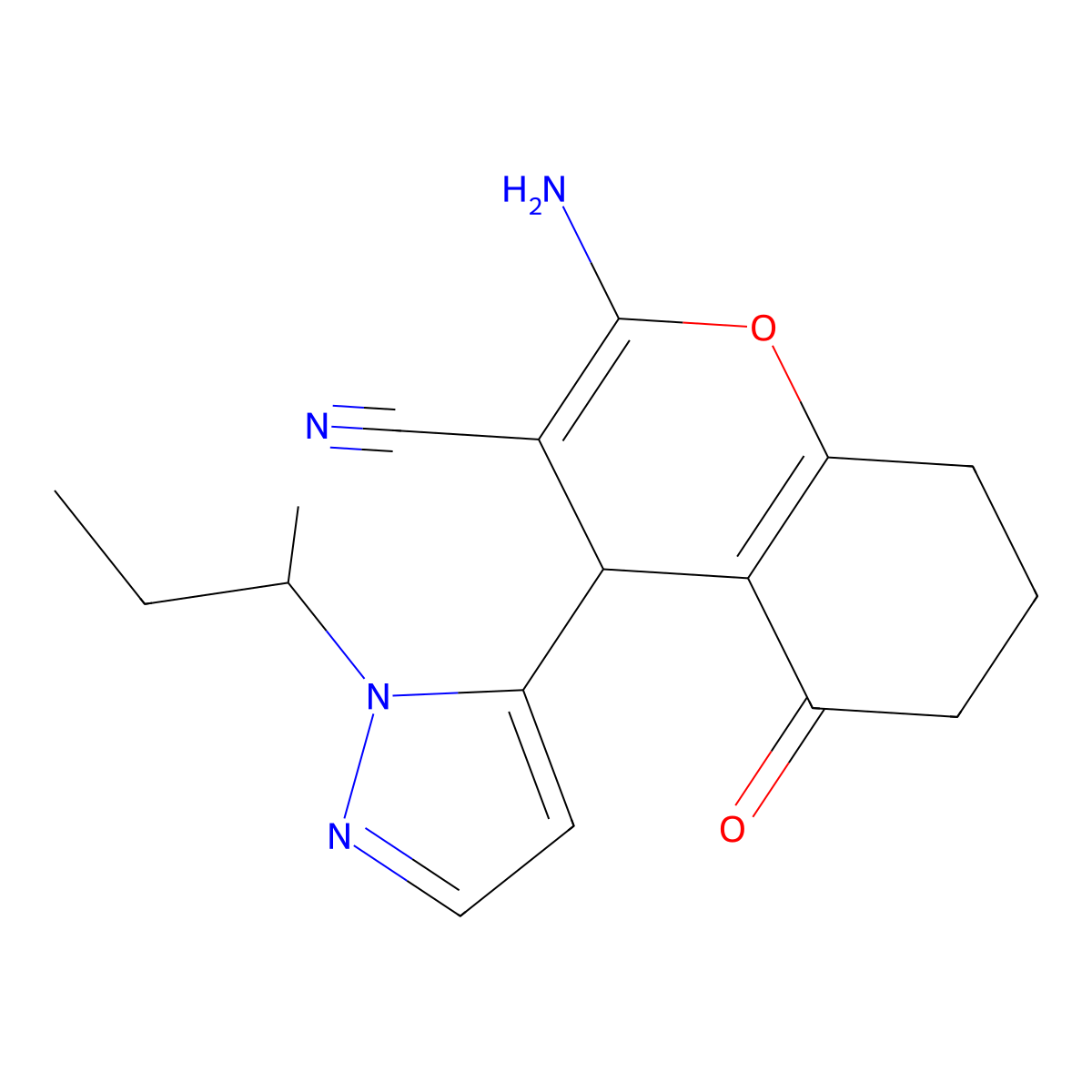 2-Amino-4-(2-butan-2-ylpyrazol-3-yl)-5-oxo-4,6,7,8-tetrahydrochromene-3-carbonitrile molecular structure, CAS 1855891-11-0