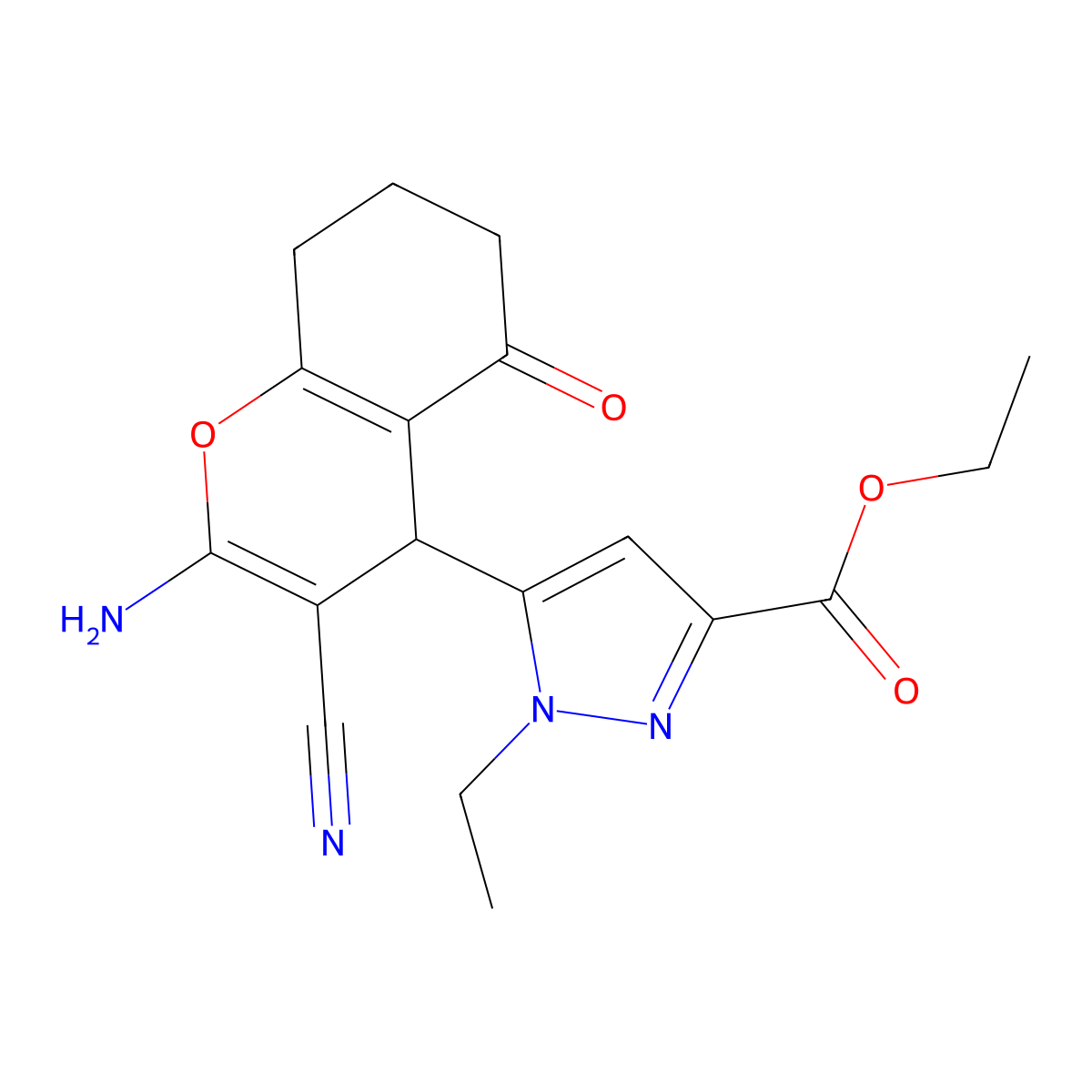 Ethyl 5-(2-amino-3-cyano-5-oxo-5,6,7,8-tetrahydro-4H-chromen-4-YL)-1-ethyl-1H-pyrazole-3-carboxylate molecular structure, CAS 1855891-15-4