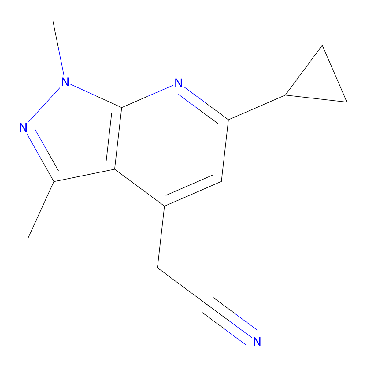 (6-Cyclopropyl-1,3-dimethyl-1H-pyrazolo[3,4-b]pyridin-4-yl)acetonitrile molecular structure, CAS 1855891-24-5