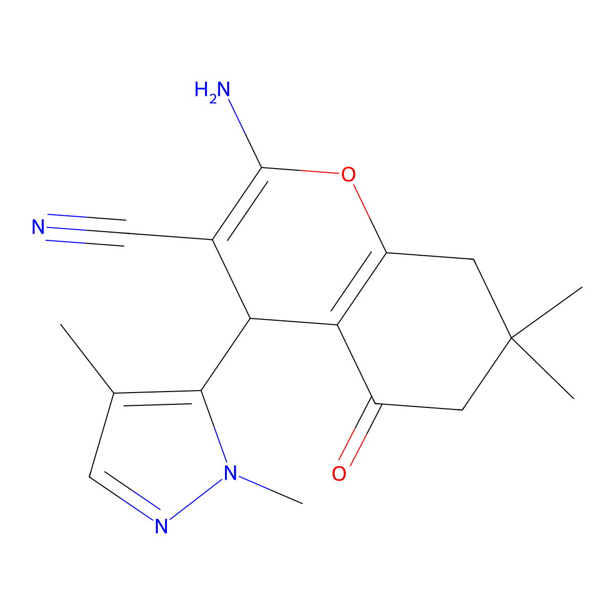 2-Amino-4-(1,4-dimethyl-1H-pyrazol-5-yl)-7,7-dimethyl-5-oxo-5,6,7,8-tetrahydro-4H-chromene-3-carbonitrile molecular structure, CAS 1855891-25-6