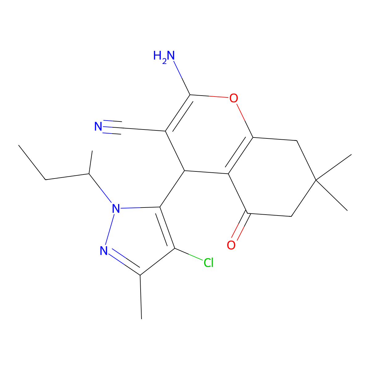 2-Amino-4-(1-(sec-butyl)-4-chloro-3-methyl-1H-pyrazol-5-yl)-7,7-dimethyl-5-oxo-5,6,7,8-tetrahydro-4H-chromene-3-carbonitrile molecular structure, CAS 1855891-34-7