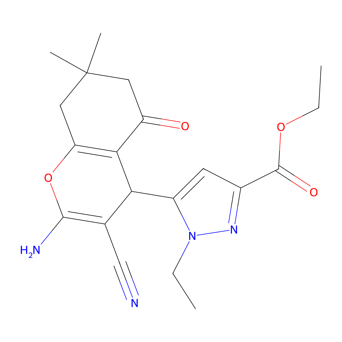 Ethyl 5-(2-amino-3-cyano-7,7-dimethyl-5-oxo-5,6,7,8-tetrahydro-4H-chromen-4-YL)-1-ethyl-1H-pyrazole-3-carboxylate molecular structure, CAS 1855891-41-6