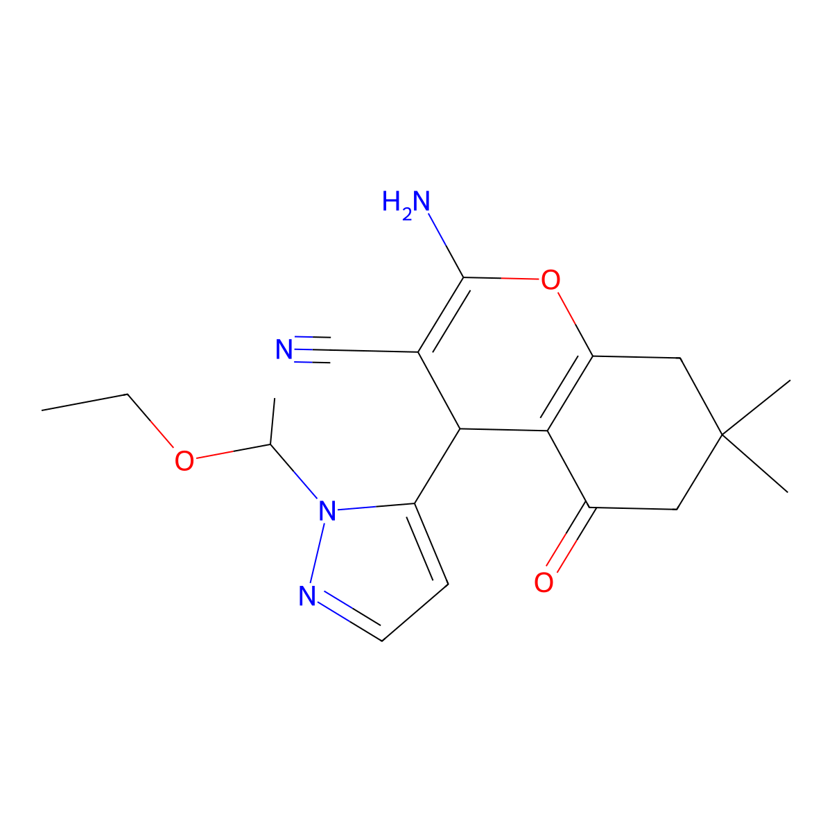 2-Amino-4-(1-(1-ethoxyethyl)-1H-pyrazol-5-yl)-7,7-dimethyl-5-oxo-5,6,7,8-tetrahydro-4H-chromene-3-carbonitrile molecular structure, CAS 1855891-46-1