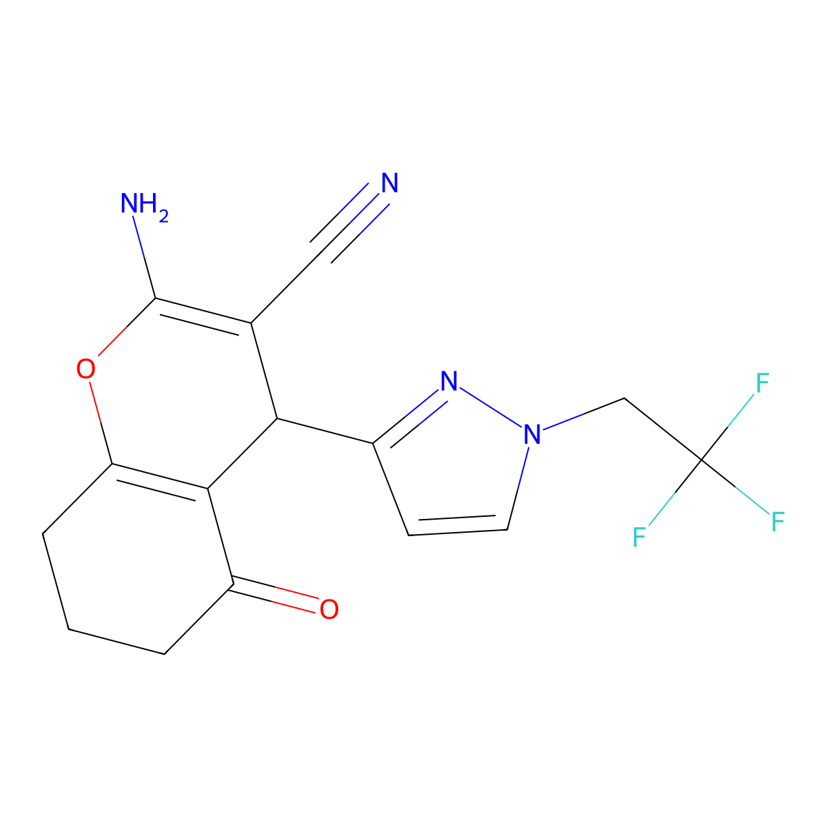 2-Amino-5-oxo-4-[1-(2,2,2-trifluoroethyl)pyrazol-3-YL]-4,6,7,8-tetrahydrochromene-3-carbonitrile molecular structure, CAS 1855898-92-8