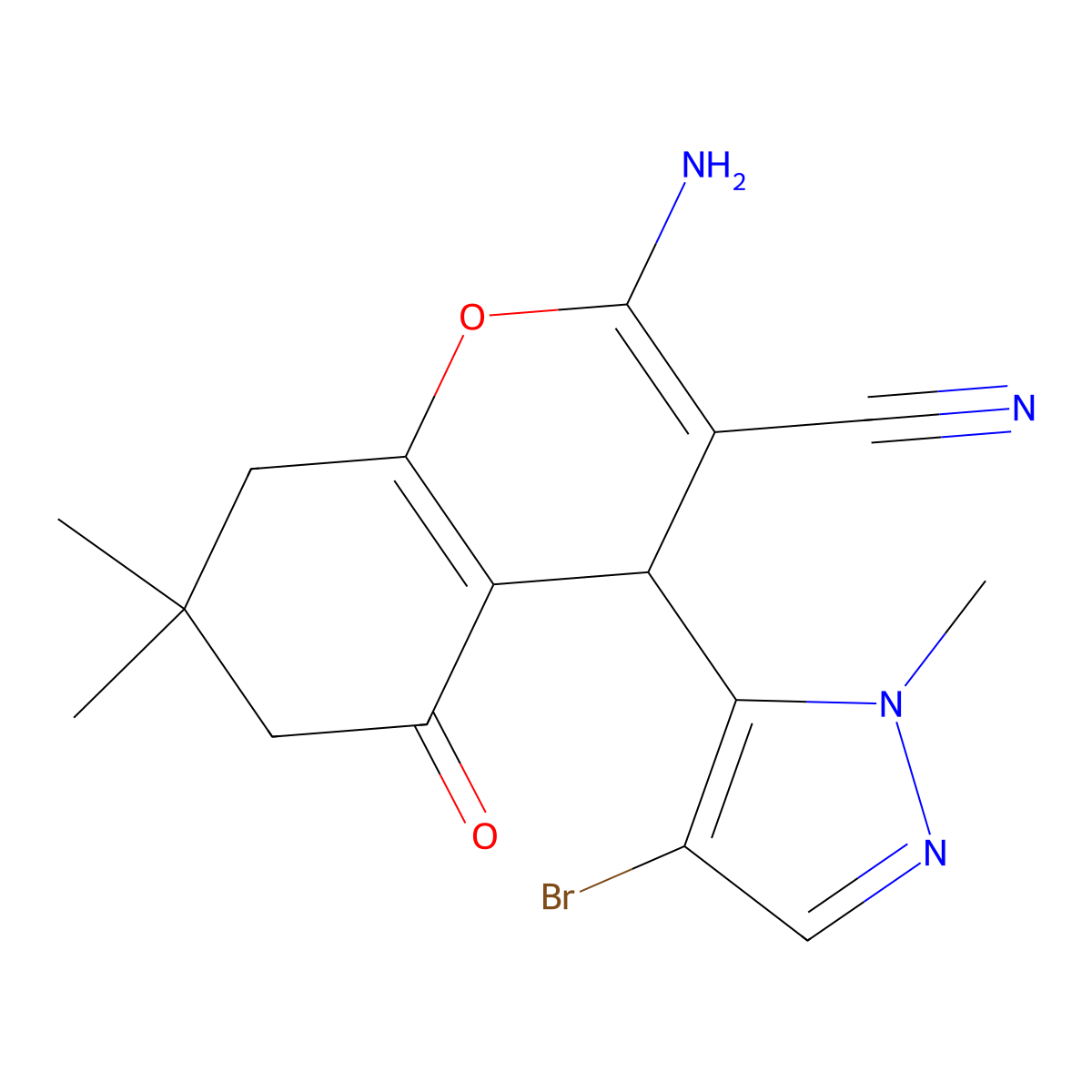 2-Amino-4-(4-bromo-2-methylpyrazol-3-YL)-7,7-dimethyl-5-oxo-6,8-dihydro-4H-chromene-3-carbonitrile molecular structure, CAS 1855898-99-5