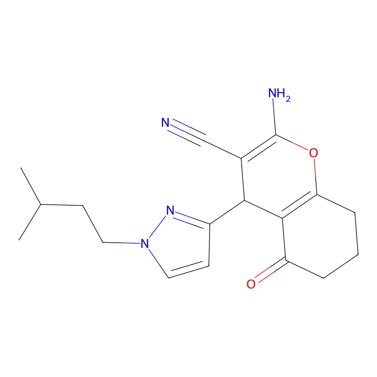 2-Amino-4-(1-isopentyl-1H-pyrazol-3-yl)-5-oxo-5,6,7,8-tetrahydro-4H-chromene-3-carbonitrile molecular structure, CAS 1855899-01-2