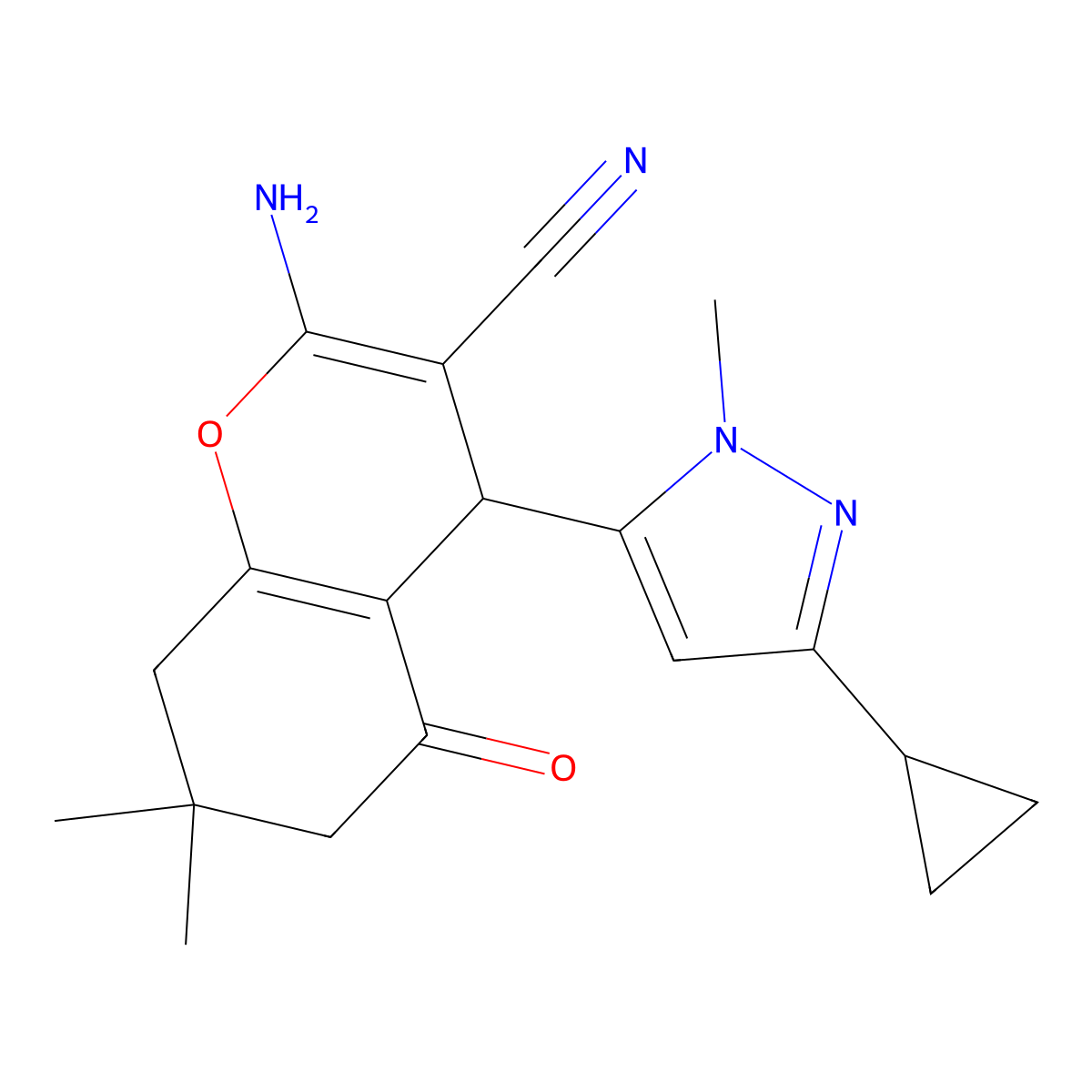 2-Amino-4-(3-cyclopropyl-1-methyl-1H-pyrazol-5-yl)-7,7-dimethyl-5-oxo-5,6,7,8-tetrahydro-4H-chromene-3-carbonitrile molecular structure, CAS 1855899-02-3