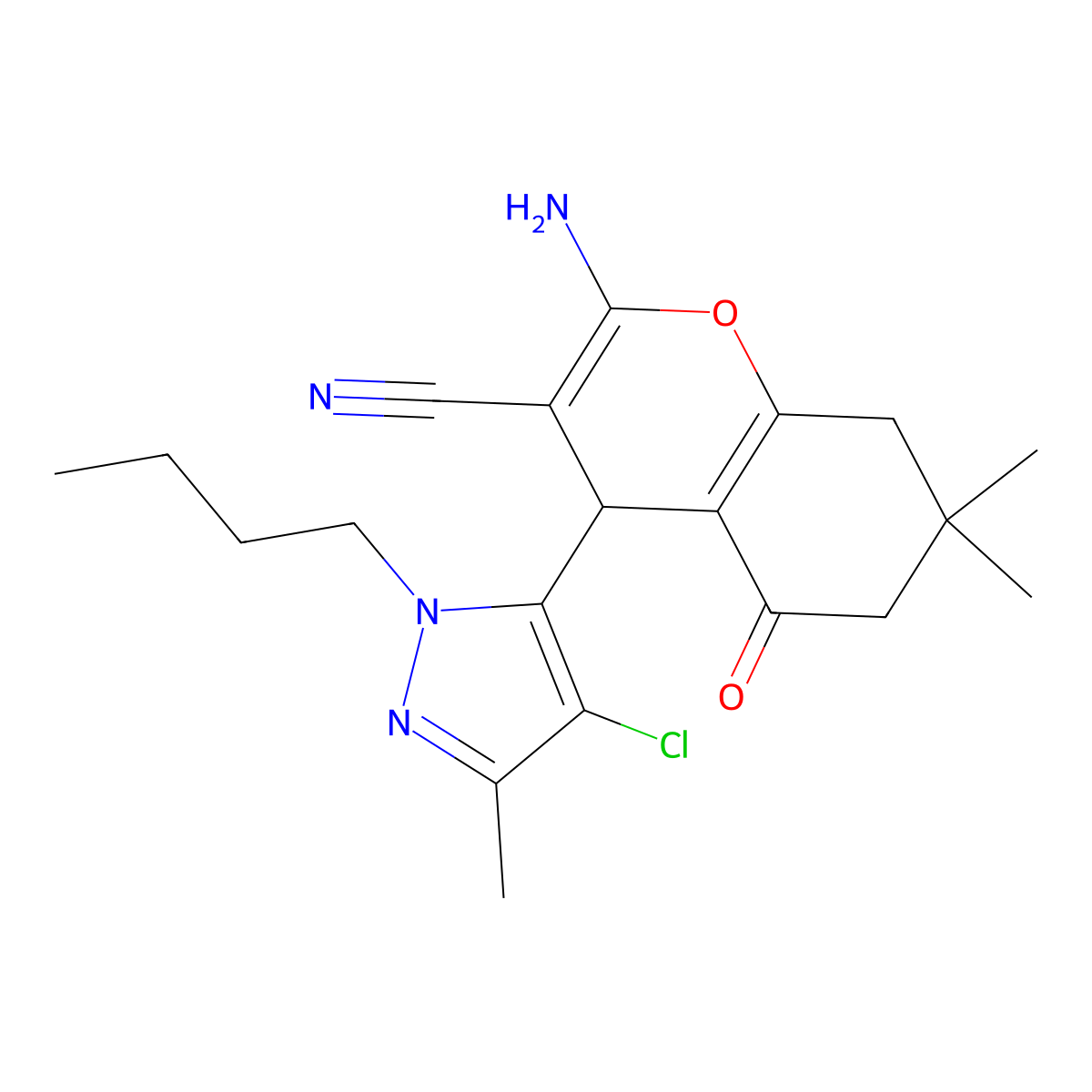 2-Amino-4-(1-butyl-4-chloro-3-methyl-1H-pyrazol-5-yl)-7,7-dimethyl-5-oxo-5,6,7,8-tetrahydro-4H-chromene-3-carbonitrile molecular structure, CAS 1855899-04-5