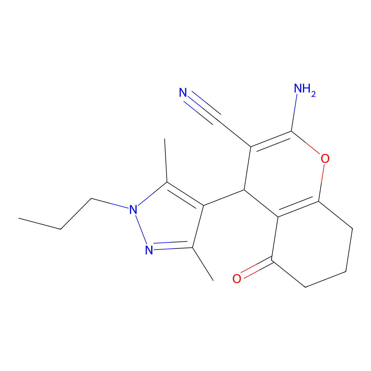 2-Amino-4-(3,5-dimethyl-1-propyl-1H-pyrazol-4-yl)-5-oxo-5,6,7,8-tetrahydro-4H-chromene-3-carbonitrile molecular structure, CAS 1855899-05-6