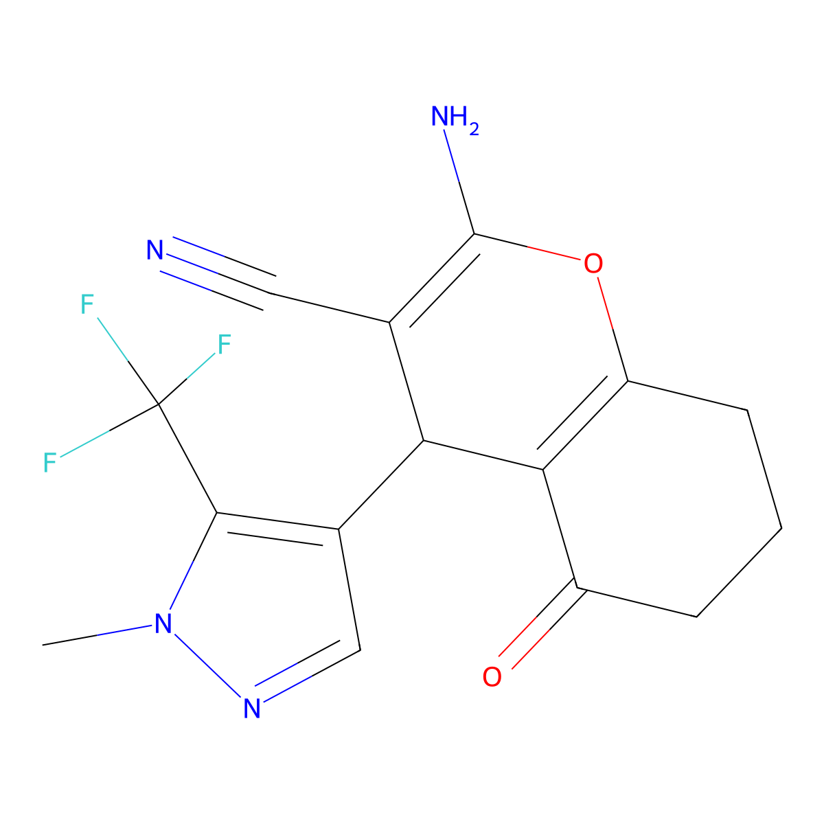 2-Amino-4-(1-methyl-5-(trifluoromethyl)-1H-pyrazol-4-yl)-5-oxo-5,6,7,8-tetrahydro-4H-chromene-3-carbonitrile molecular structure, CAS 1855899-06-7