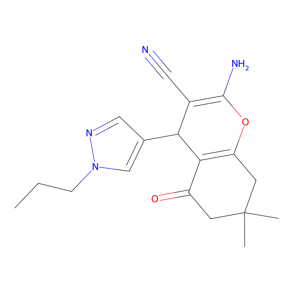 2-Amino-7,7-dimethyl-5-oxo-4-(1-propyl-1H-pyrazol-4-yl)-5,6,7,8-tetrahydro-4H-chromene-3-carbonitrile molecular structure, CAS 1855899-08-9